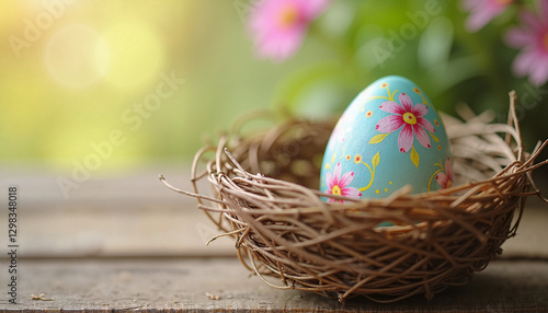 Easter Egg in a Nest-Shaped Basket, Festive Spring and Holiday Decoration