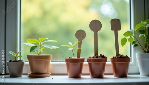Young Plants in Pots on a Windowsill, Fresh Greenery and Home Gardening Concept