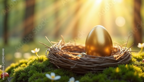 Easter Golden Egg in a Nest-Shaped Basket, Luxury and Festive Holiday Symbolism