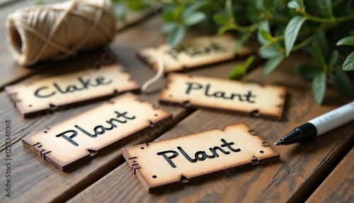Wooden Plant Signs on a Rustic Table, Gardening and Home Plant Labeling Concept