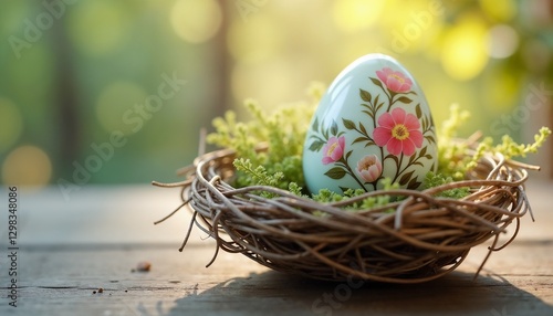 Easter Egg in a Nest-Shaped Basket, Festive Spring and Holiday Decoration