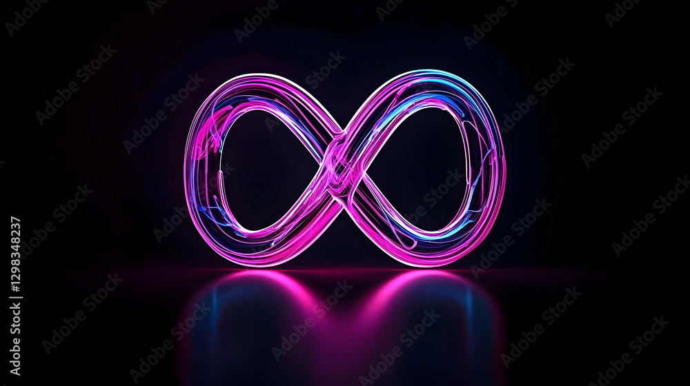 Fototapeta premium Glowing Neon Infinity Symbol Against Dark Background Displaying Pink And Blue Light Reflections