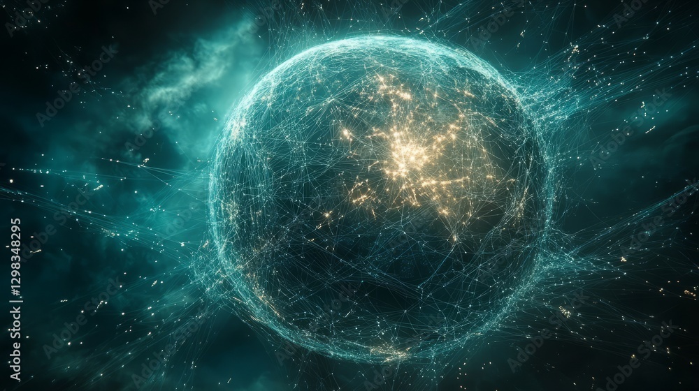 The Earth enveloped by a web of glowing lines and interconnected digital nodes The Earth enveloped by a web of glowing lines and interconnected digital nodes