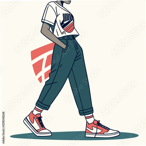 Person In A Graphic Tee And Sneakers walking confidently against a plain background