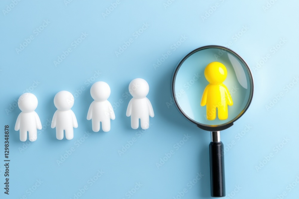 unique Individual among Group with Magnifying Glass unique Individual among Group with Magnifying Glass