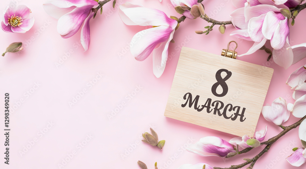 close-up of wooden calendar showing march 8 with pink flowers close-up of wooden calendar showing march 8 with pink flowers