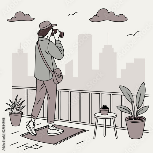 Person on a rooftop photographing the city skyline against a balcony