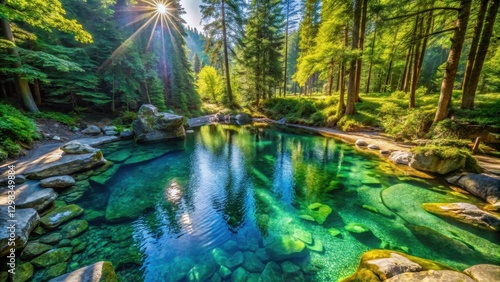 Serene forest pool reflecting sunlight, surrounded by lush greenery and smooth stones