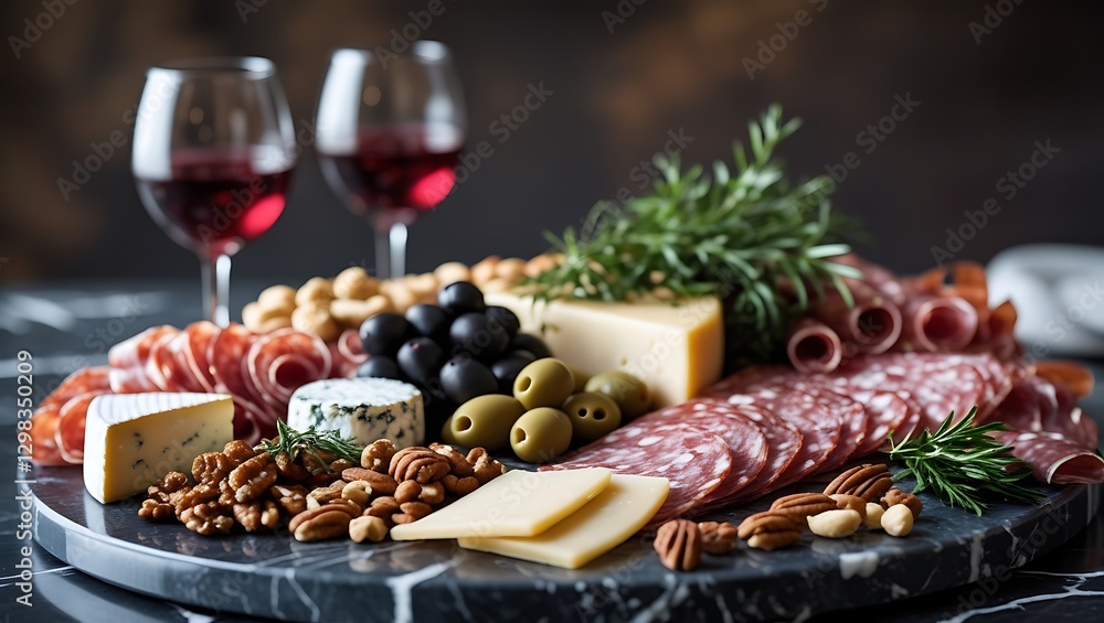 Elegant Charcuterie Board with Assorted Cheeses, Meats, Nuts, Olives, and Two Glasses of Red Wine on a Marble Surface Elegant Charcuterie Board with Assorted Cheeses, Meats, Nuts, Olives, and Two Glasses of Red Wine on a Marble Surface