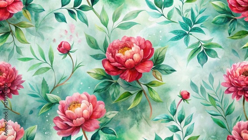 A Seamless Watercolor Pattern Featuring Lush Pink Peonies and Vibrant Green Foliage on a Soft Aqua Background