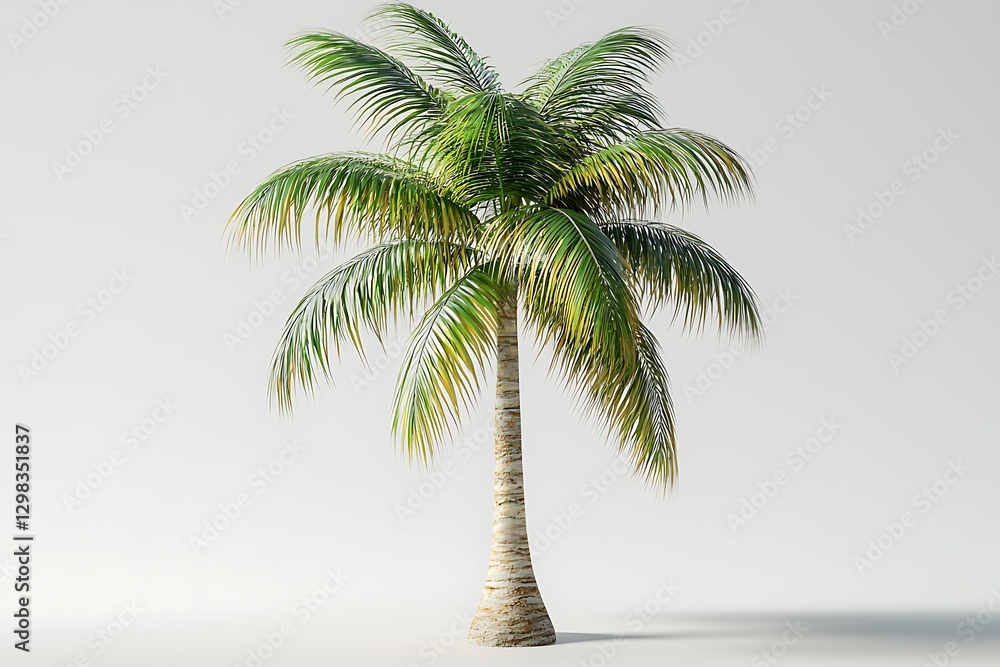 Fototapeta premium Minimalist single palm tree a white background with gentle shadowing