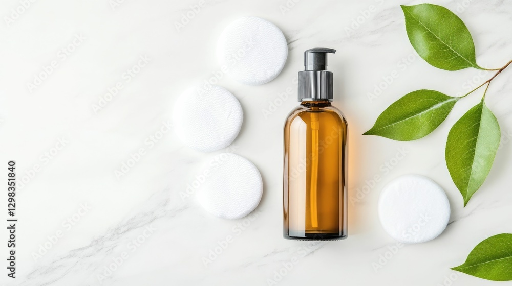Fototapeta premium Toner bottle and cotton pads artfully arranged on a clean minimalist marble surface creating a serene and practical spa like atmosphere