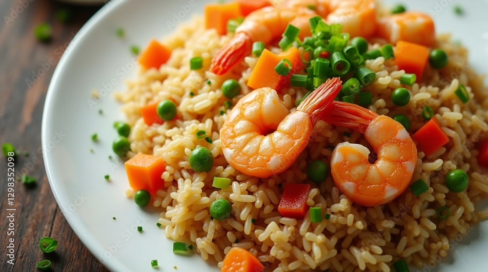 Fried Rice with Diced Carrots, Green Onions, Shrimps and Sausages. Fried Rice with Diced Carrots, Green Onions, Shrimps and Sausages.