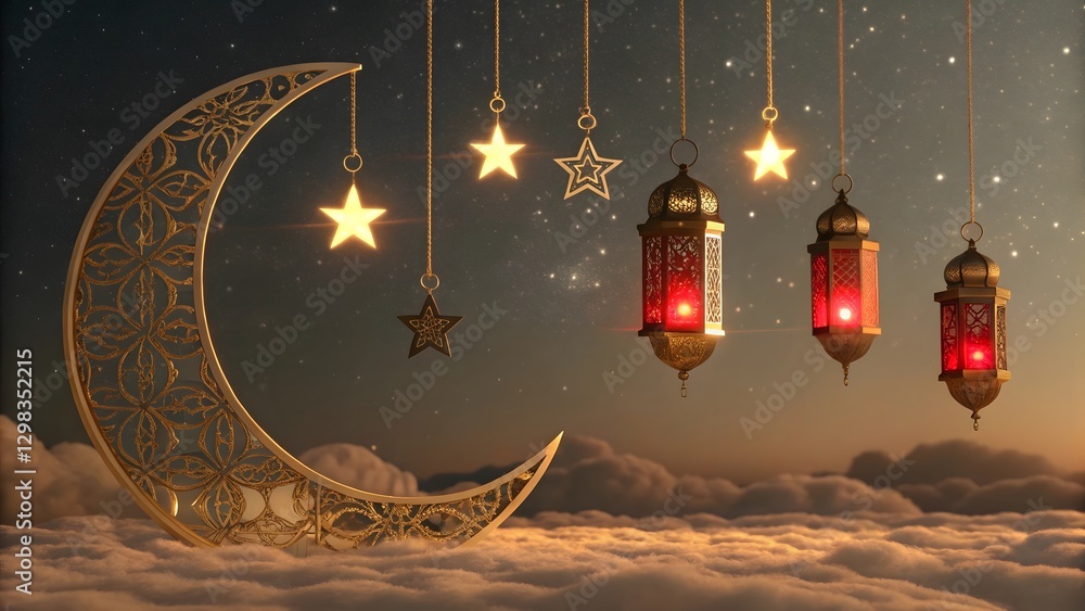 Ramadan Kareem - Golden Crescent Moon and Lanterns with Starry Night Ramadan Kareem - Golden Crescent Moon and Lanterns with Starry Night