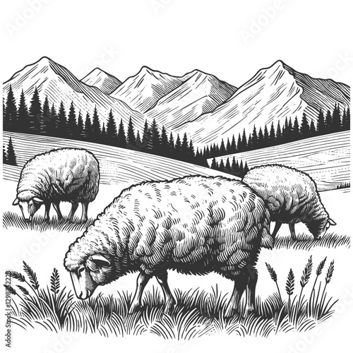 sheep grazing in an alpine meadow, with mountains, a farmhouse, and other sheep in the background, drawn in an engraved style sketch engraving generative ai vector. Scratch board. Black and white.