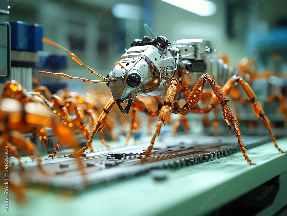 Robotic Ants Crawling on Circuitry Conveyor Belt in an Automated Factory Robotic Ants Crawling on Circuitry Conveyor Belt in an Automated Factory