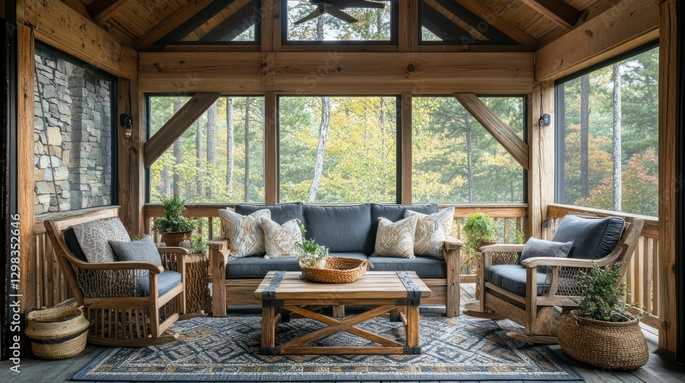 Rustic screened porch, cozy seating area, forest views Rustic screened porch, cozy seating area, forest views