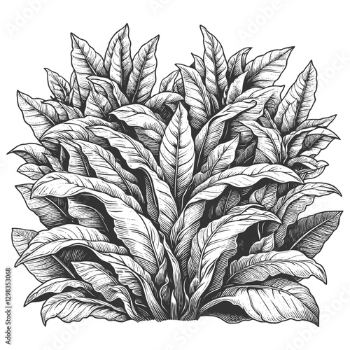 tobacco plants with rolled cigars arranged at the base, showcasing intricate engraving lines sketch engraving generative ai vector illustration. Scratch board imitation. Black and white image.