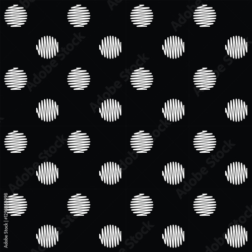 Hatched polka dot ornament. Black and white abstract geometric seamless pattern. Textile design