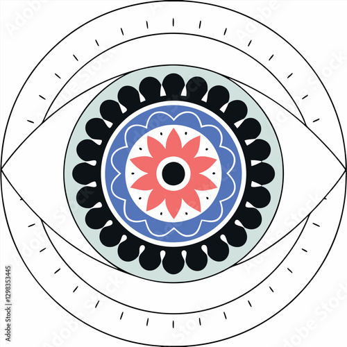 Eye Mandala: Coral Blue Black Floral Pattern Vector Graphic.