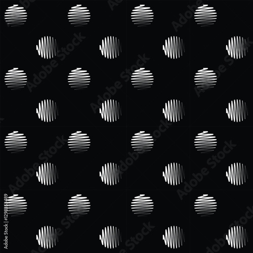 Abstract geometric seamless pattern. Shaded hatched circles, black and white polka dot ornament
