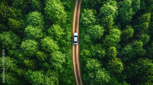 A car on a high forest trail enveloped by dense foliage. Quiet adventure, escape into nature.