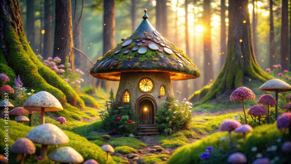 Obraz premium Enchanted Mushroom House in a Sun-Dappled Forest with Lush Flora and Glowing Windows