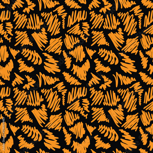 Abstract hand drawn doodle seamless pattern. Orange and black, hatched shaped on black backdrop