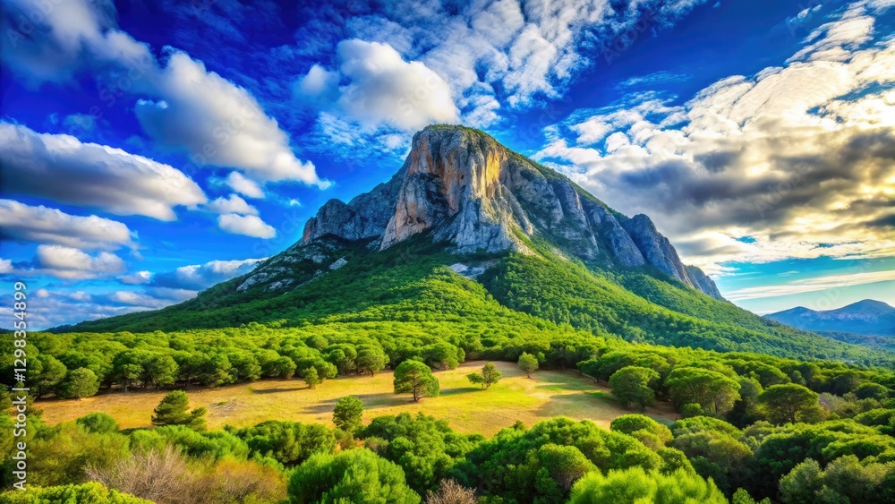 Naklejka premium Rugged Monte Oseli, a Sardinian limestone sentinel, commands Urzulei's breathtaking Ogliastra panorama.