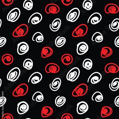 Abstract doodle seamless pattern. Hand drawn spiral spots, red and white on black background. Textile design