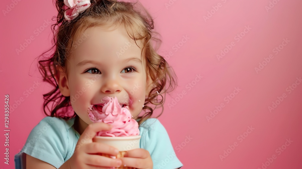 A young girl with curly hair and a pink bow smiles as she eats a pink cupcake. A young girl with curly hair and a pink bow smiles as she eats a pink cupcake.