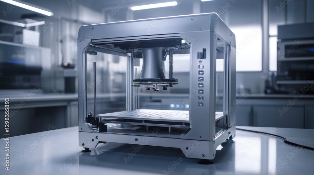 High-Tech Silver 3D Printer in Modern Lab Setting High-Tech Silver 3D Printer in Modern Lab Setting