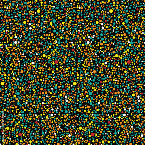Chaotic dotted seamless pattern. Colorful mosaic of turquoise, orange, yellow, white dots on black background. Abstract geometric backdrop