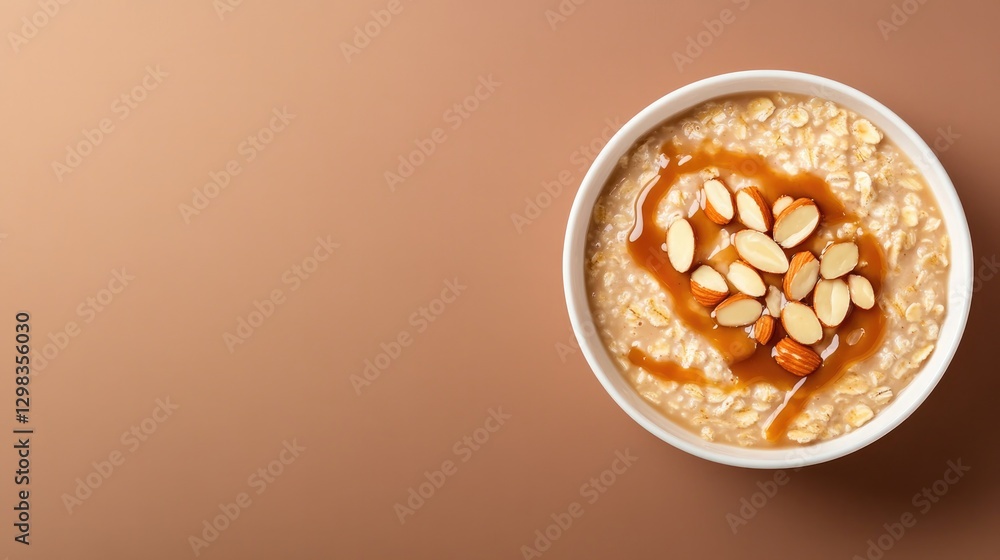 Creamy oatmeal topped with nuts and drizzle of caramel on warm b Creamy oatmeal topped with nuts and drizzle of caramel on warm b