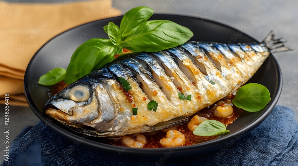 Delicious Baked Mackerel with Shrimp and Basil Delicious Baked Mackerel with Shrimp and Basil