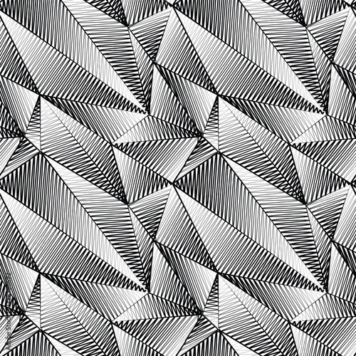 Low poly bw graphic seamless pattern. Abstract geometric texture. Crystal, triangles, low polygonal texture. Hatched surface in black and white