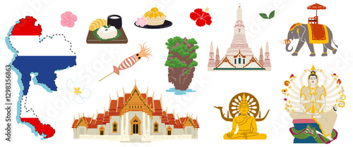 Thailand symbol. Thai travel. Icon sights of Bangkok. Temple building. Country map with flag. Traditional food. Elephant and flower. Emblem of Buddha culture. Summer tour. Vector journey elements set