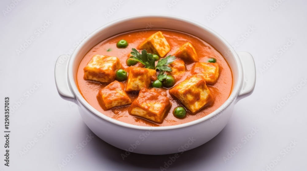 Paneer butter masala in a white bowl