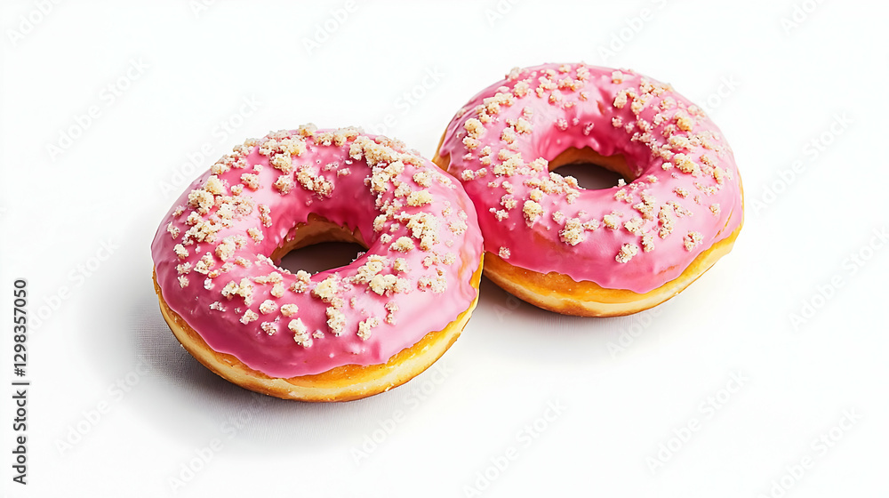 Two Pink Glazed Donuts Sprinkled with Nuts on White Background Two Pink Glazed Donuts Sprinkled with Nuts on White Background