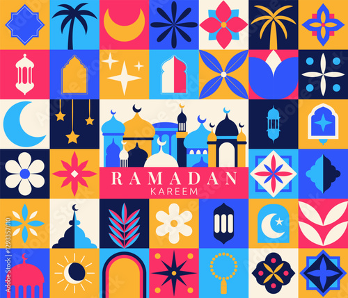 Ramadan pattern geometric icon. Modern collage with square frame and mosque building. Design retro round arch with moon artwork. Bauhaus mosaic. Islamic holiday. Vector abstract garish art background