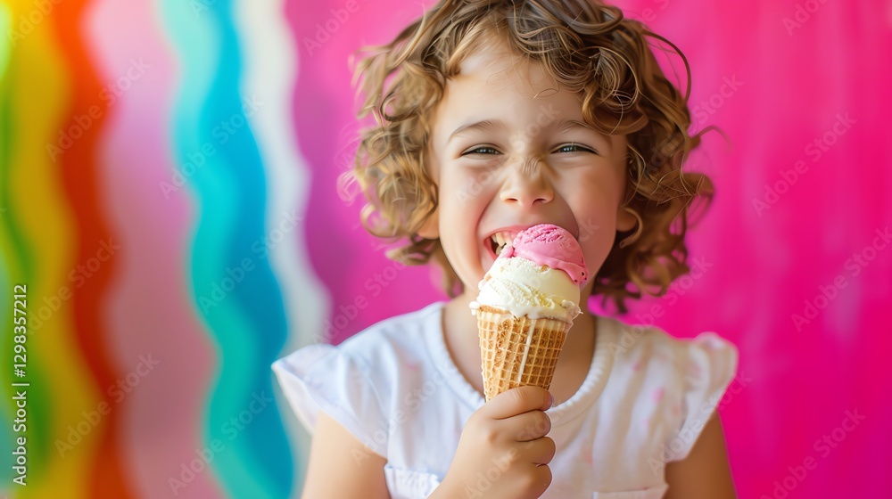 A little girl with curly hair smiles happily while holding an ice cream cone. A little girl with curly hair smiles happily while holding an ice cream cone.