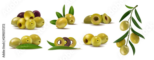 Realistic olives. Green leaf and branches with berries, oil Italian. 3D food on tree, plant in Italy. Diet with Greek vegetables, natural organic plant. Cooking ingredient. Vector Greek isolated set