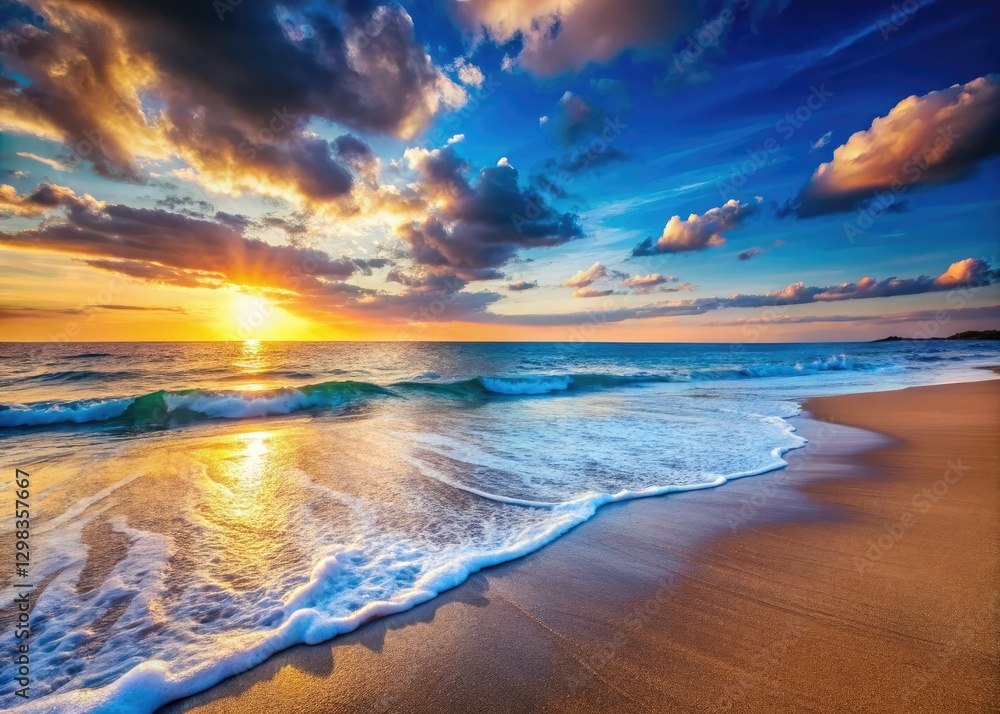 Fototapeta premium Stunning low-light beach photography; gentle blue waves, soft sand.