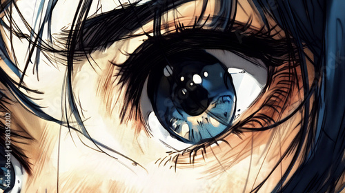 Expressive blue eye reflecting light and mystery in a stylized portrait