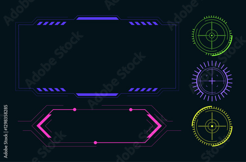 UI digital icons. HUD elements. Neon frame. Video game dashboard. Bullseye crosshair. Radar panel. Futuristic viewfinder borders. Computer technology. Cyber graphic hologram. Sci-fi vector symbols set