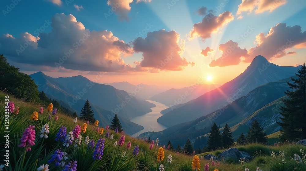 Obraz premium The image depicts a landscape scene of a sunrise or sunset in a mountainous area with vibrant flowers in the foreground.