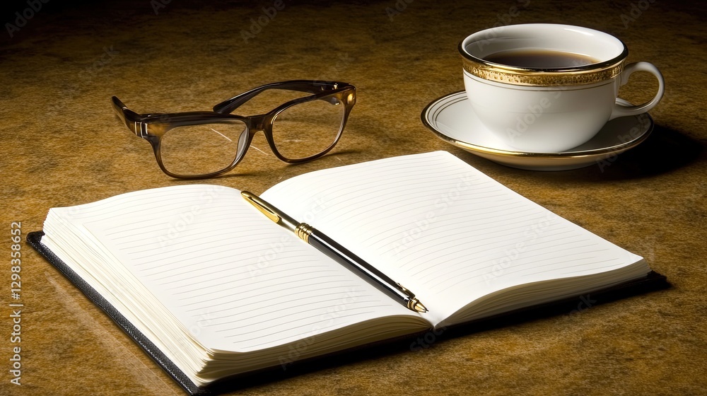 Naklejka premium Open notebook, pen, glasses, and coffee on table
