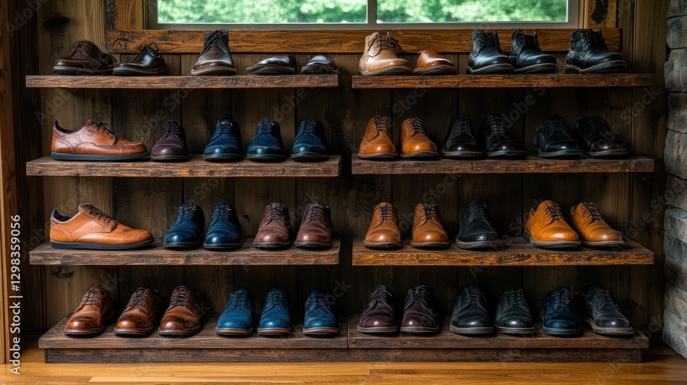 Rustic shoe display in a wooden shoe room Rustic shoe display in a wooden shoe room