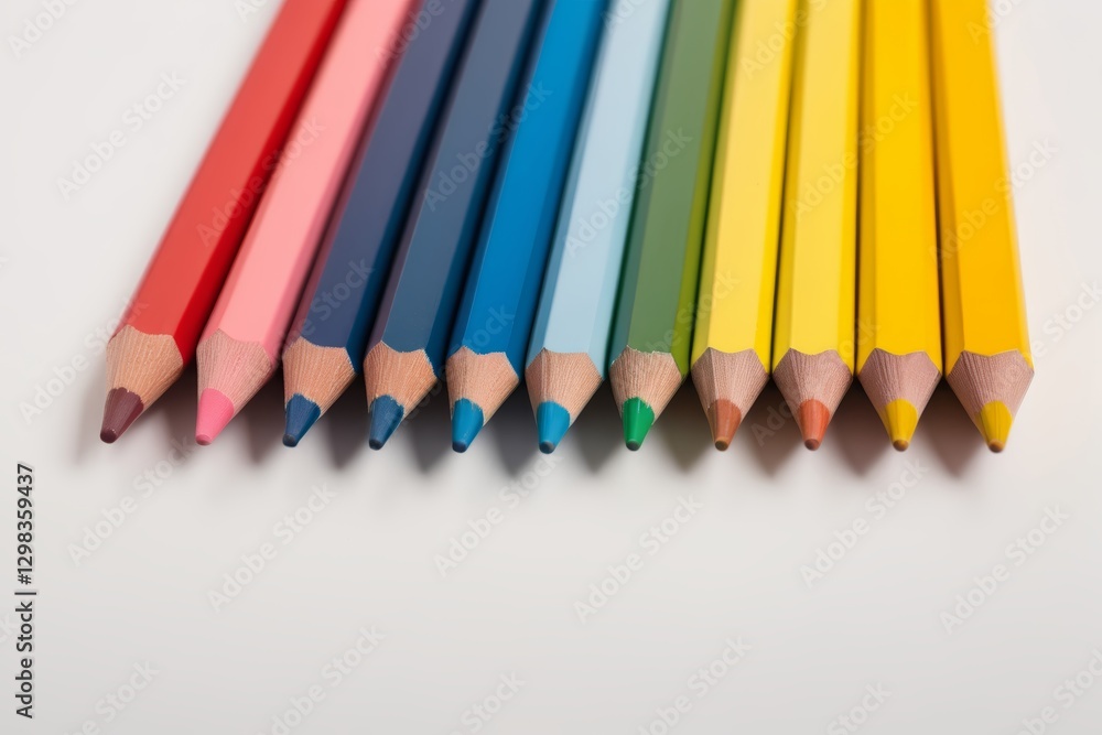 several colored pencils lined up in a row on a white surface several colored pencils lined up in a row on a white surface
