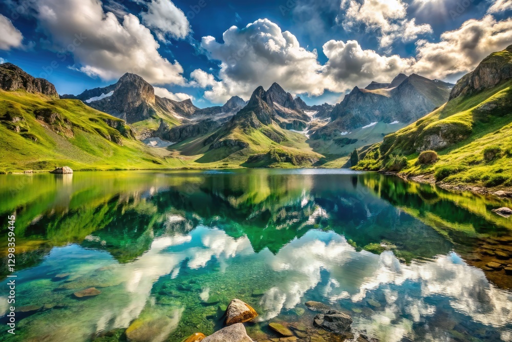 Naklejka premium Étang du Refuge Camporels: Breathtaking French Pyrenees landscape photography captures serene beauty.